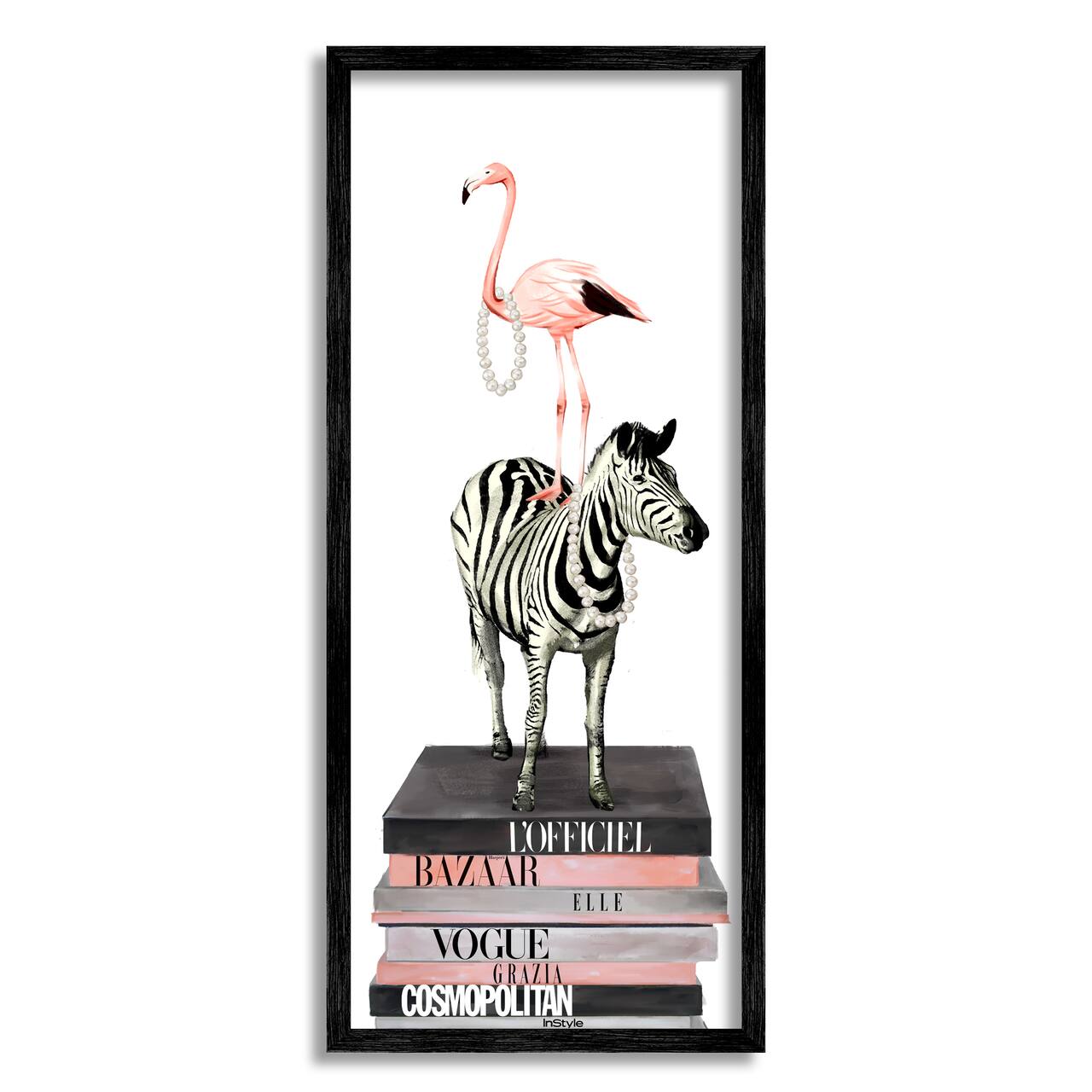 Stupell Industries Fashion Flamingo Zebra Glam Book Stack Pearls Framed Wall Art